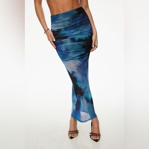 NWT - DYNAMITE - Draped Maxi Mesh Skirt in Blue. Ruched. Large.